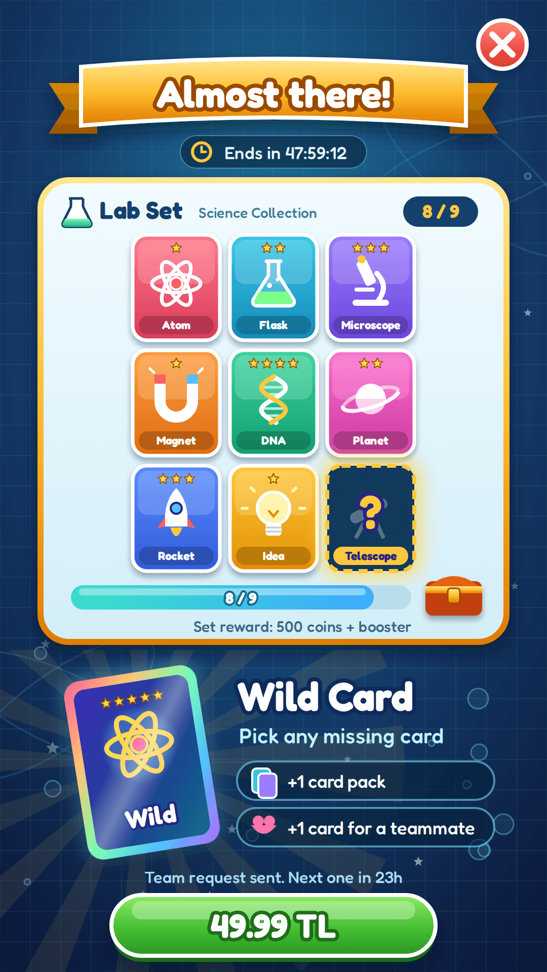 Concept mockup of a Wild Card offer shown when a Royal Match collection set reaches 8 of 9 cards